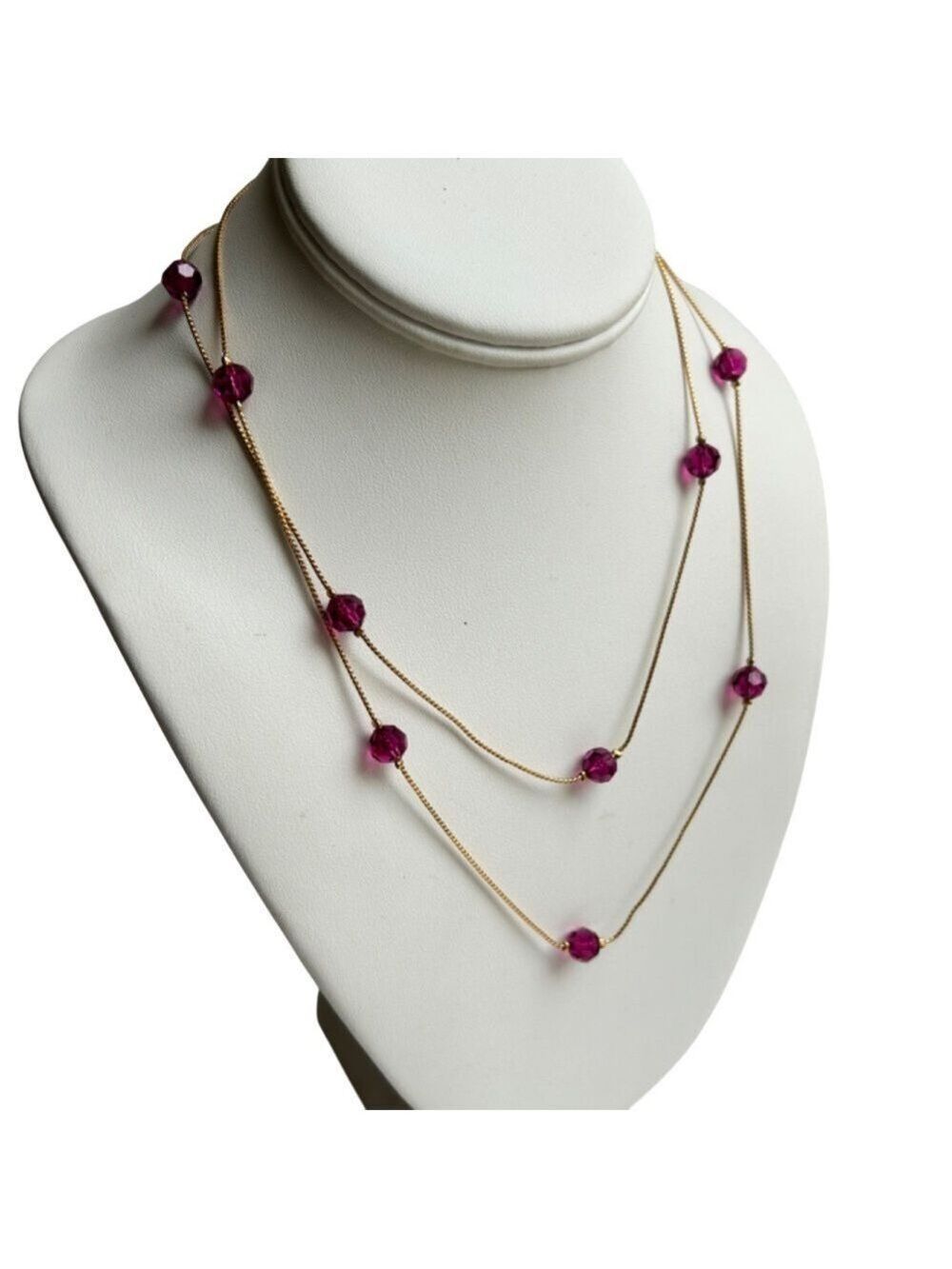 Costume Jewelry Necklace Facetted Purple Pink Stones on a Gold Tone Chain 36"